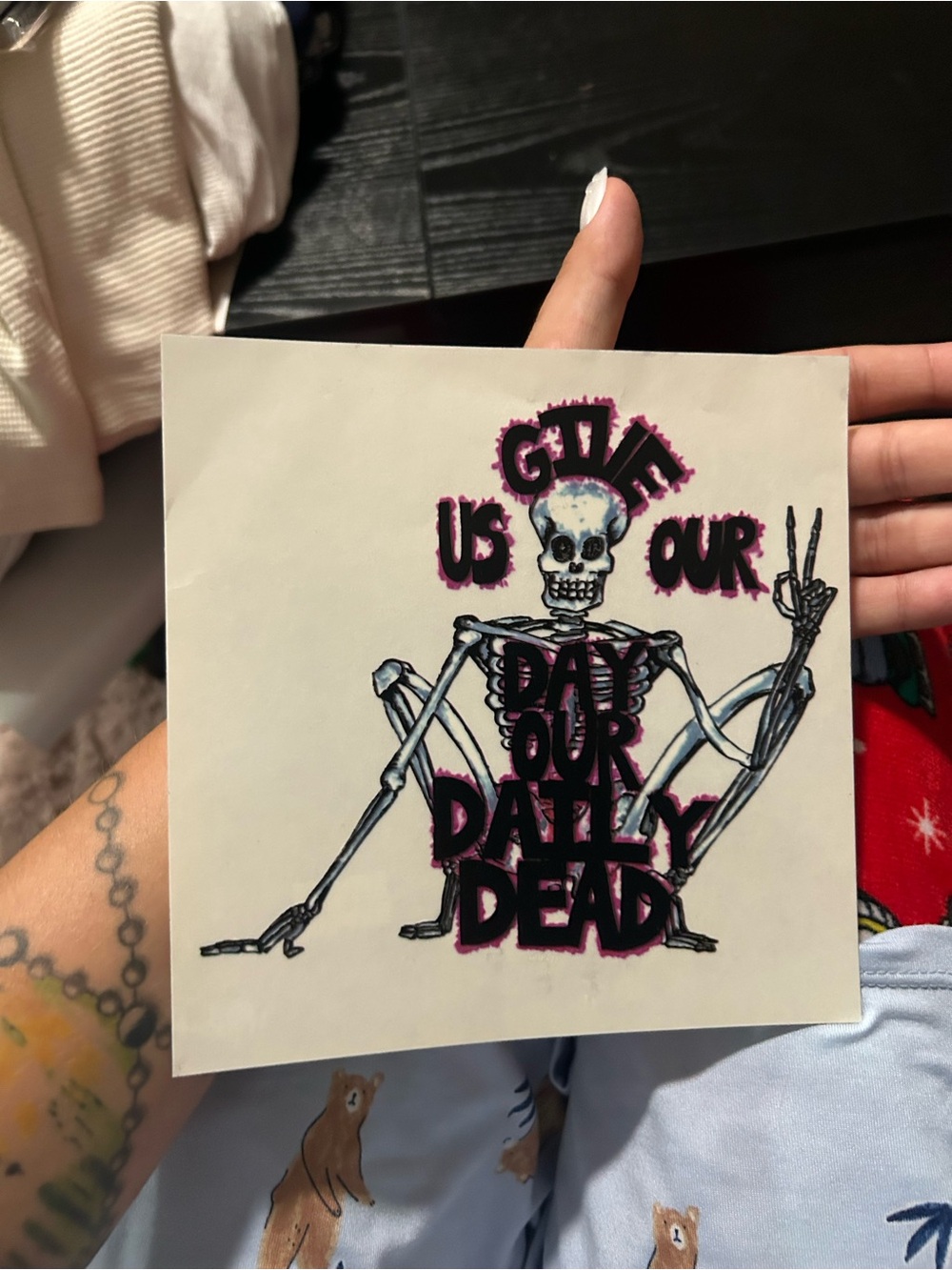 Give Us Our Daily Dead Skeleton Art Print - White with Black and Pink Accents